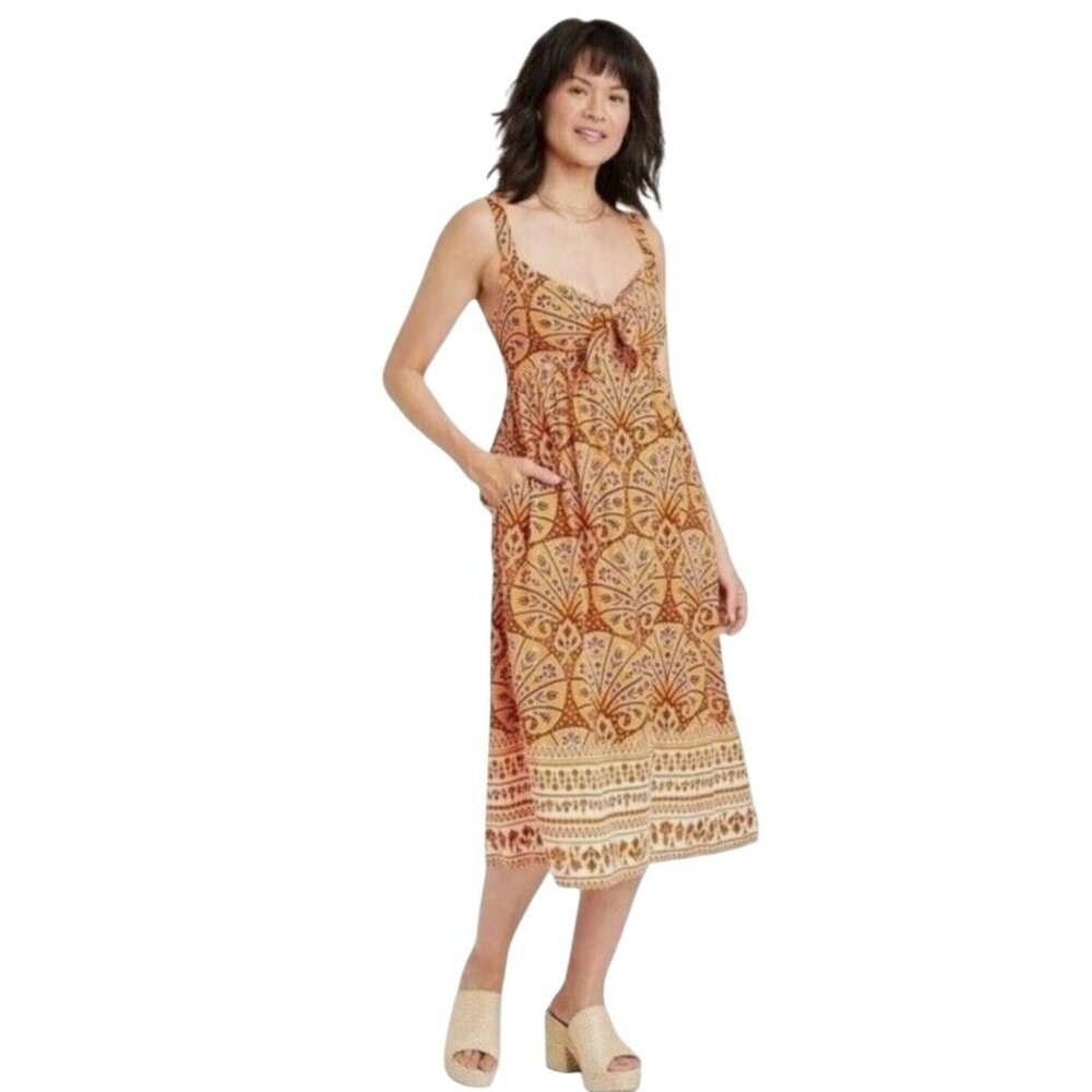 Knox Rose Boho Midi Dress S Peasant Southwestern Smocked Tied Sundress Beach